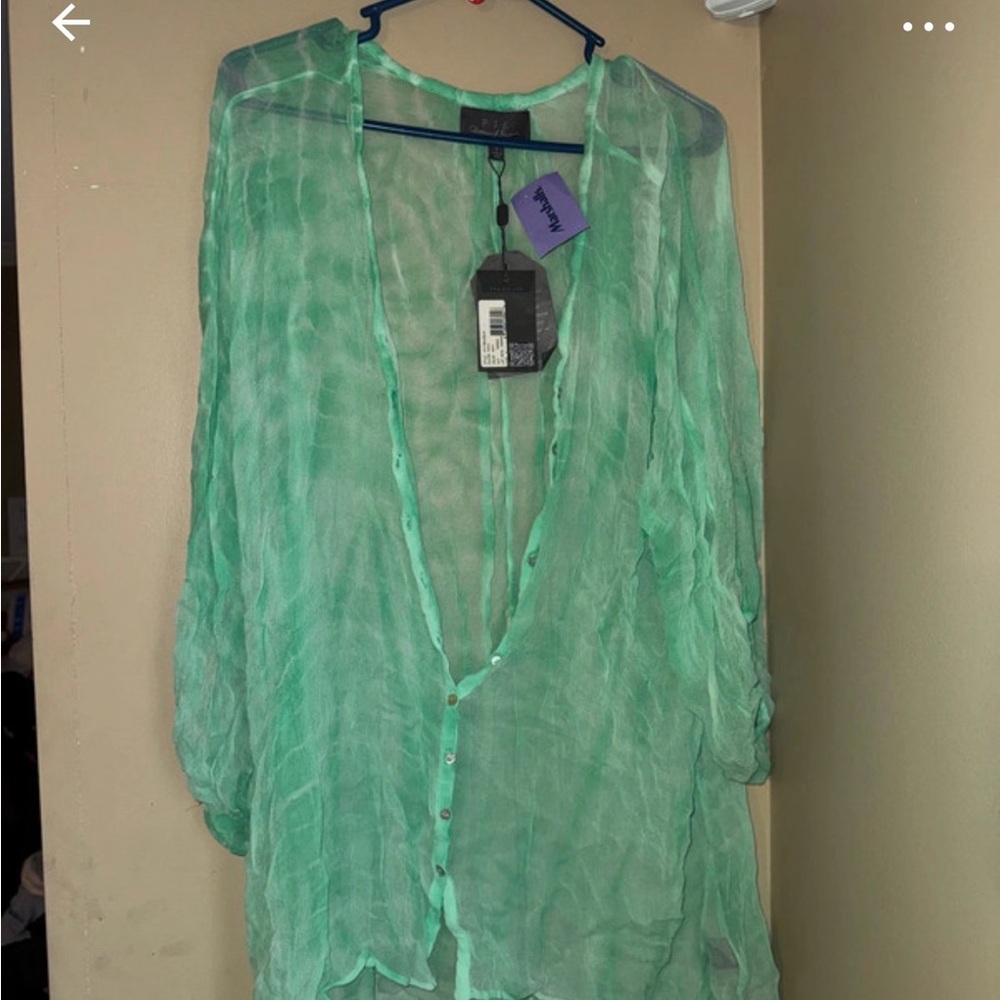 This is a PJK Patterson & Kincaid green tie-dye sheer tunic top.